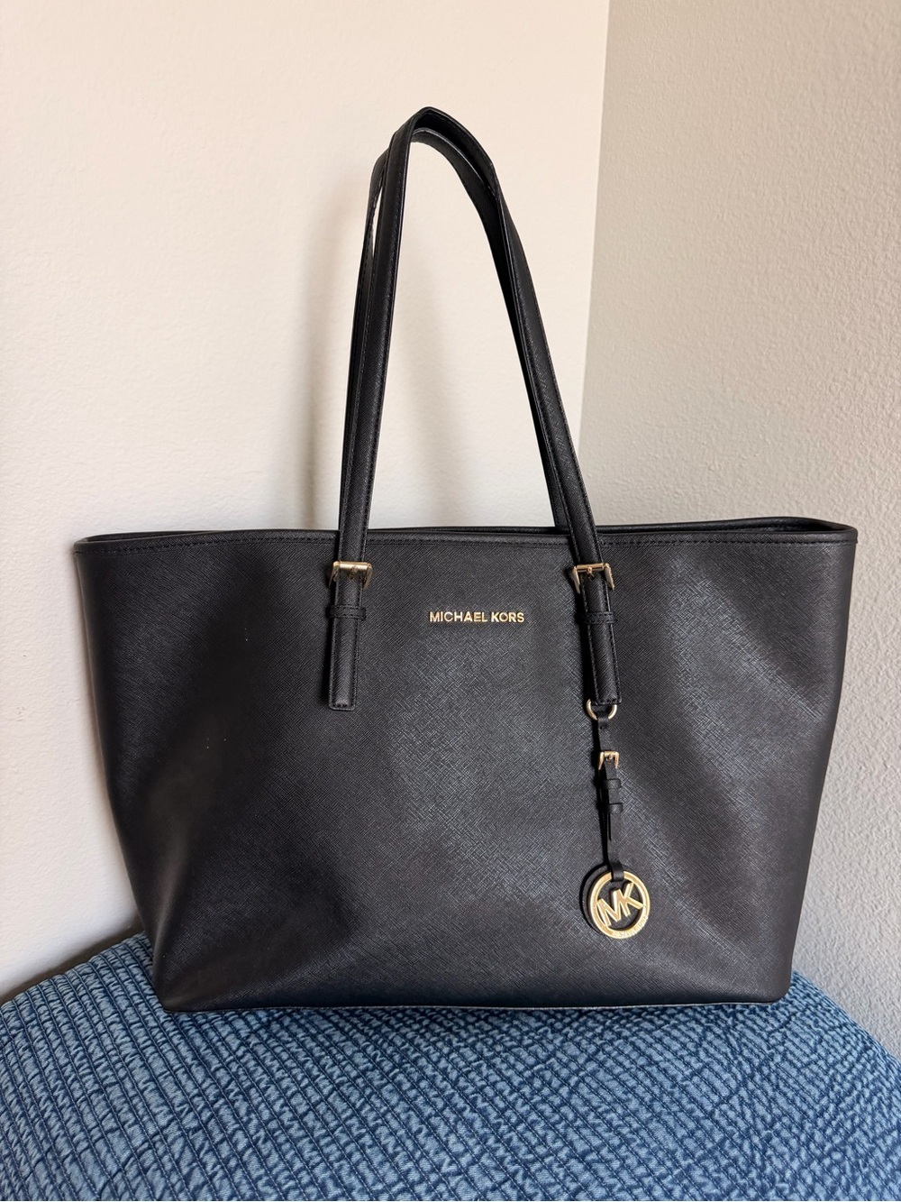 Michael Kors Black Leather Tote with Gold MK Charm